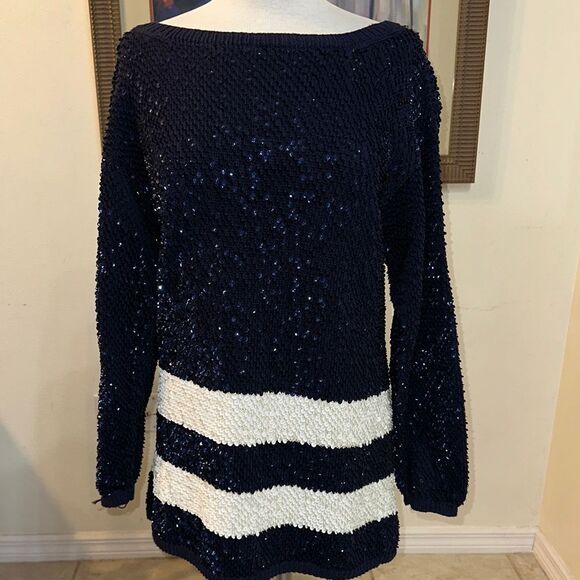 ADRIENNE VITTADINI Navy/White Sequin Striped Women's Long Sweater Size Large - Picture 7 of 10